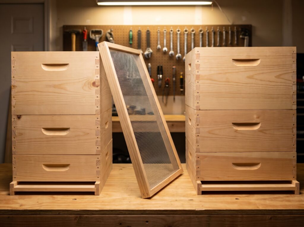 8-frame and 10-frame Langstroth box stacks with queen excluder showing size incompatibility