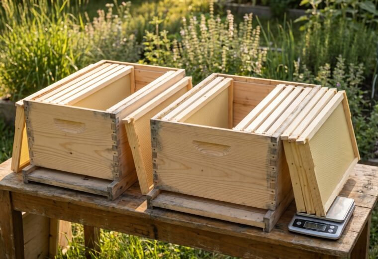 8-frame and 10-frame Langstroth deep hive bodies compared side by side on a workbench