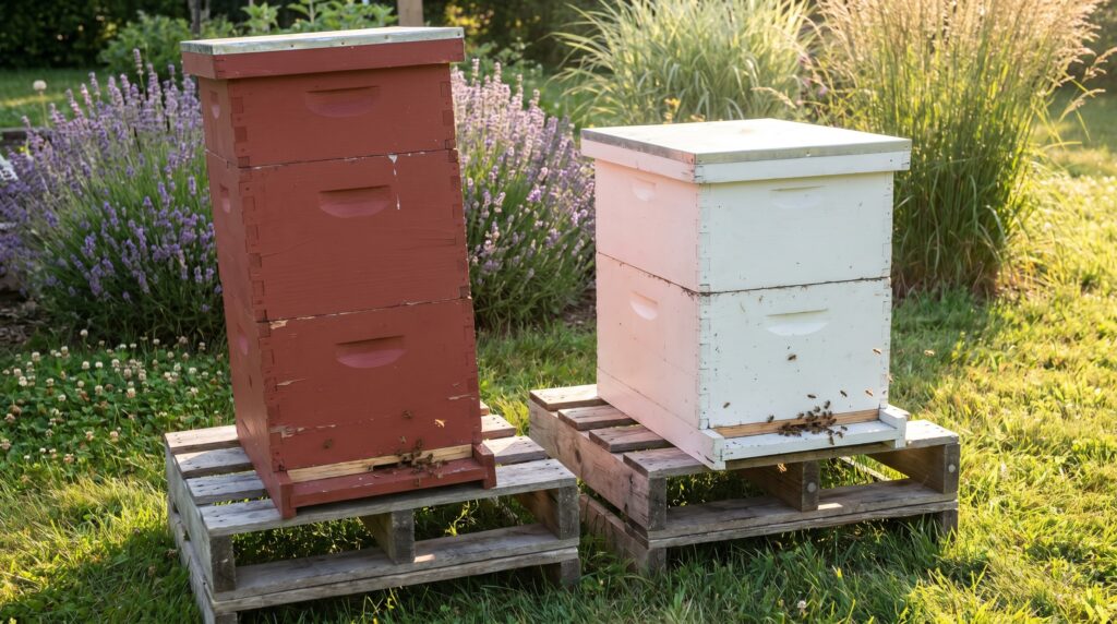Side-by-side comparison of an 8-frame and 10-frame Langstroth hive in a backyard garden