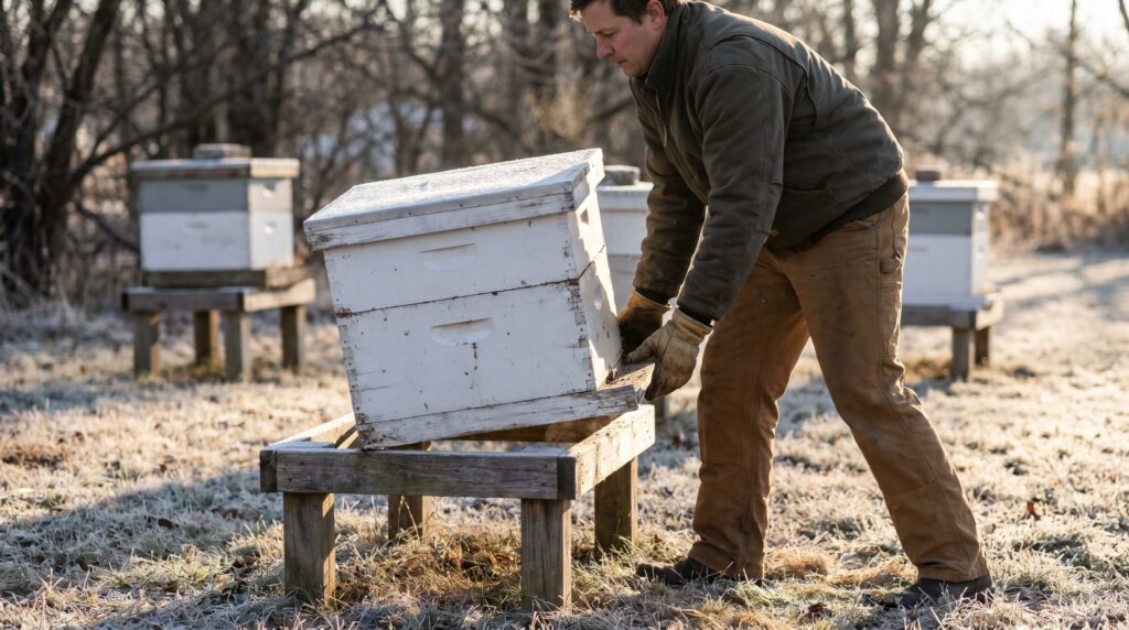 beekeeper tilting a Langstroth hive from the rear to heft and check winter honey stores