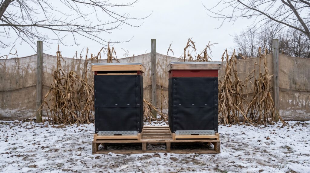 two Langstroth hives wrapped in black roofing paper with mouse guards installed for northern winter