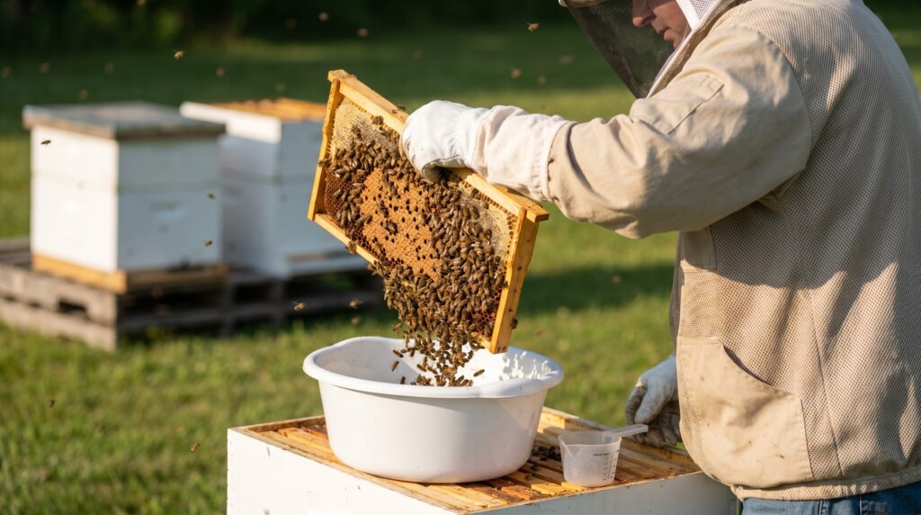beekeeper shaking brood frame over white basin to collect bee sample for varroa test