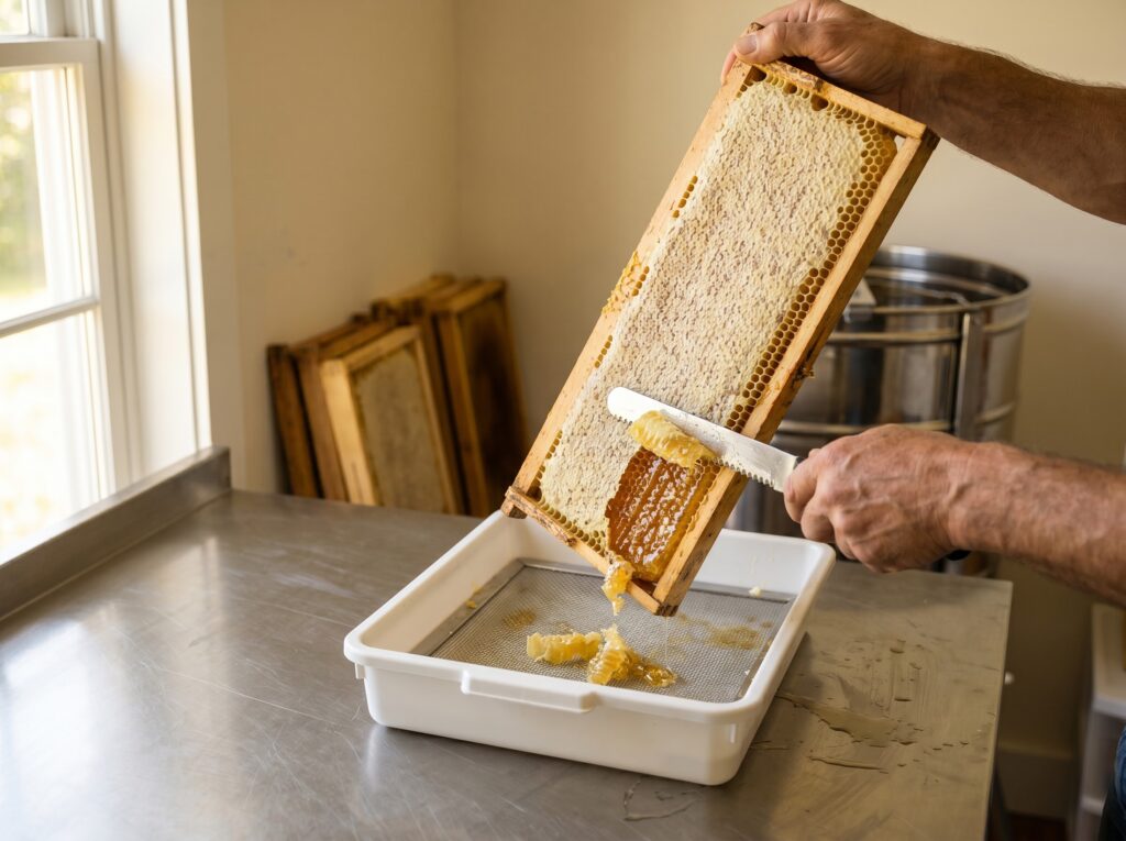Hands uncapping golden honeycomb with a serrated knife over a stainless uncapping tray during honey extraction