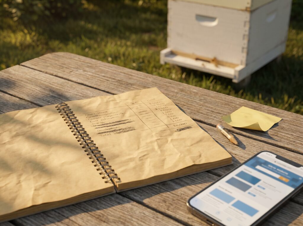 beginner beekeeper's budget planning notebook beside a Langstroth hive in the backyard