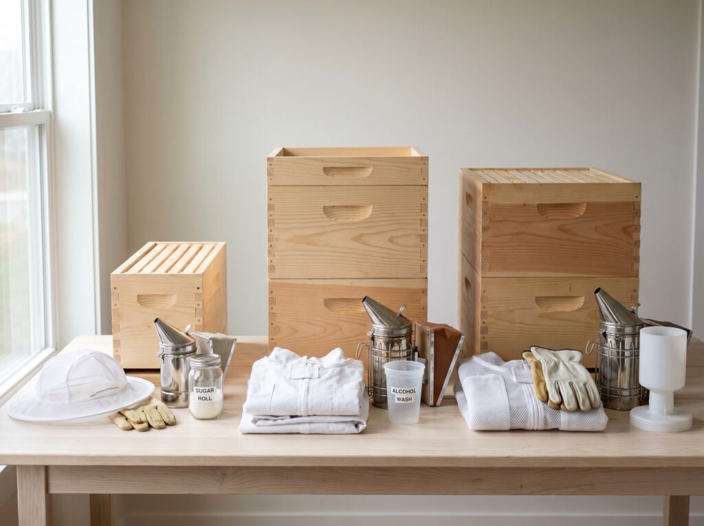 three beekeeping budget tiers compared showing lean, standard, and comfortable first-year equipment setups