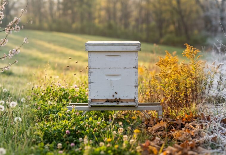 a backyard beehive framed by spring, summer, fall, and winter to show the beekeeping calendar