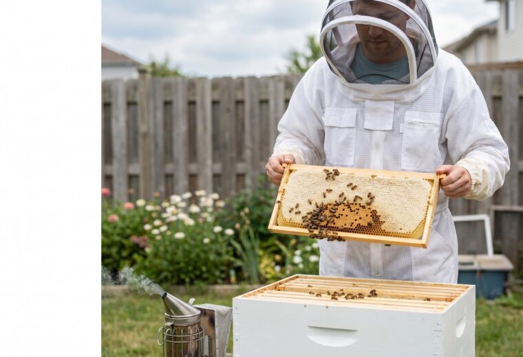 beginner beekeeper in white suit inspecting a Langstroth frame of new comb beside a smoker