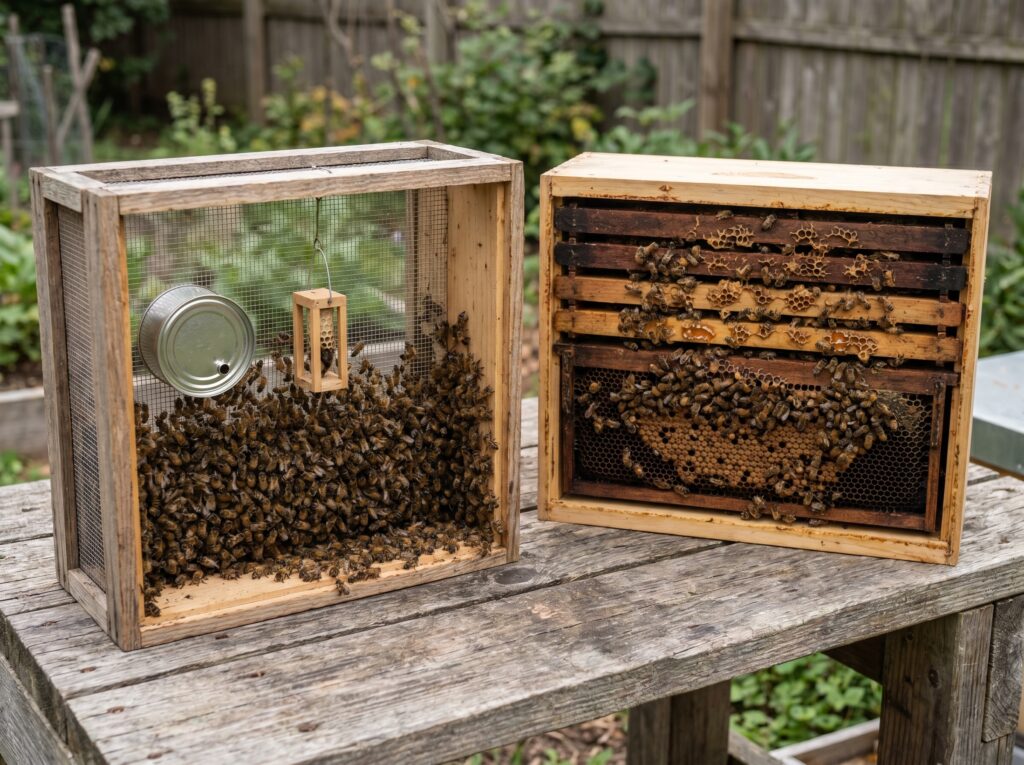 package of loose bees beside an open five-frame nuc showing drawn comb and brood