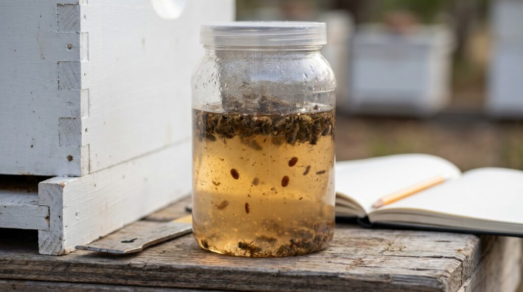 varroa mites floating in an alcohol wash jar used to monitor a honey bee sample