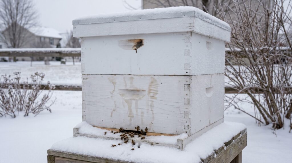 snow-dusted white Langstroth hive in winter with a small upper ventilation entrance
