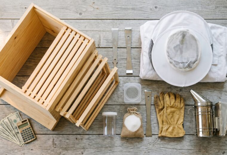 Overhead flat-lay of beekeeping startup cost gear, hive, suit, smoker, tools, and budget calculator