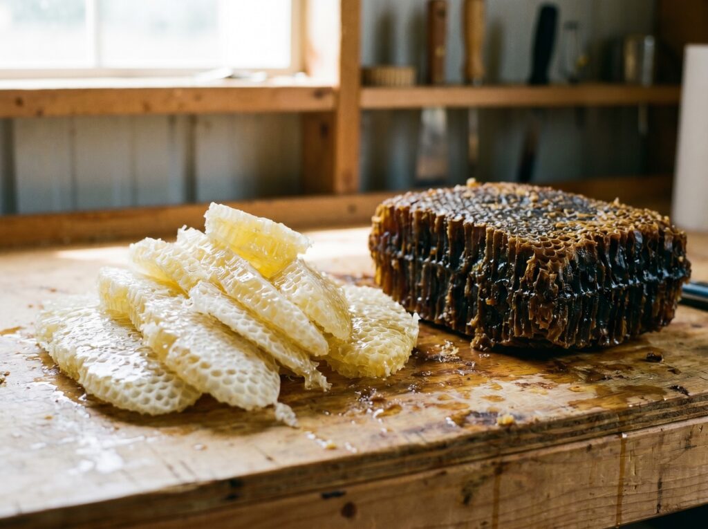 Fresh pale honey cappings beside dark old brood comb showing the beeswax quality difference