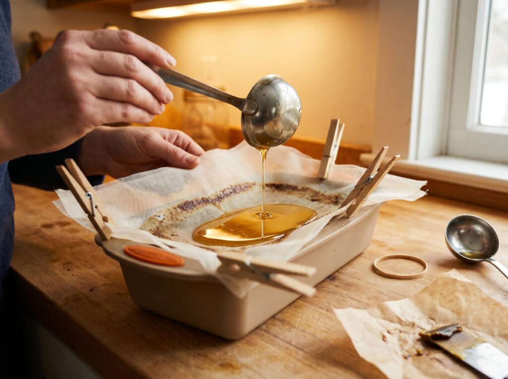 Liquid beeswax pouring through a nylon mesh filter into a silicone loaf pan mold
