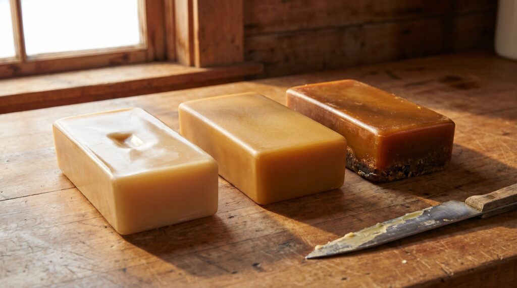 Three rendered beeswax blocks showing the color range from pale cappings to darker old comb