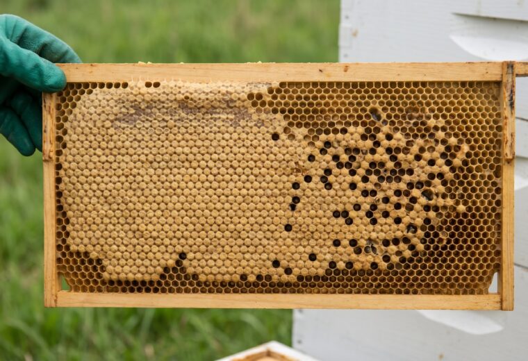 A brood frame showing solid golden capped cells on the left and spotty empty cells on the right