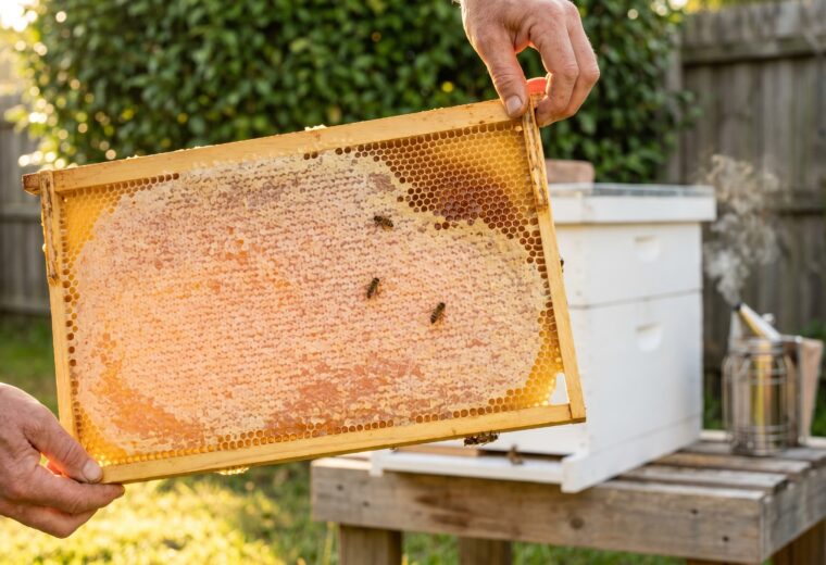 Beekeeper holding a mostly capped honey frame up to the light, ready to harvest