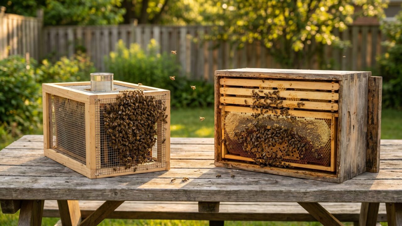 A screened three-pound package of bees next to an open five-frame nuc of drawn comb on a backyard table in golden light.