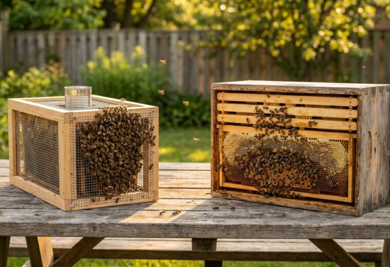 A screened three-pound package of bees next to an open five-frame nuc of drawn comb on a backyard table in golden light.