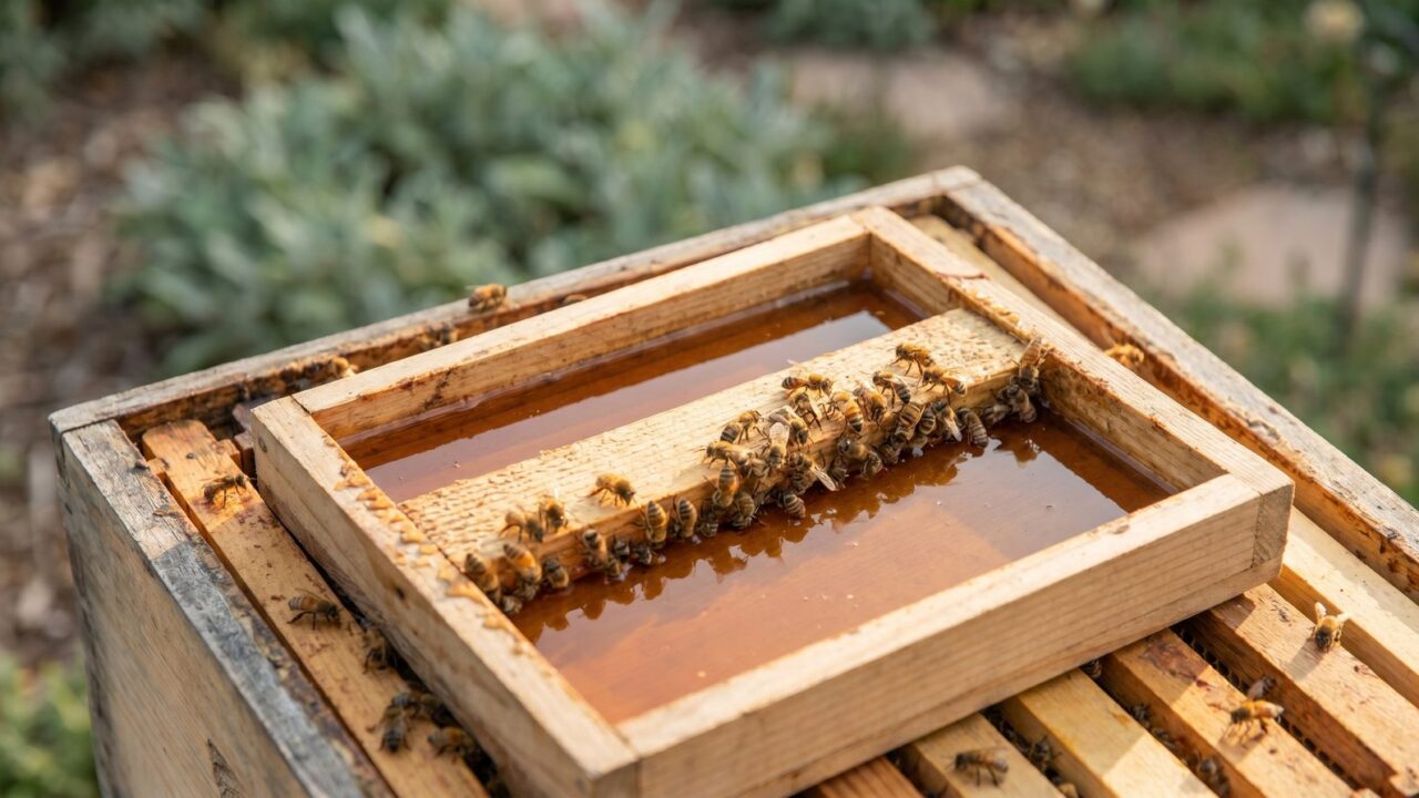 Honeybees drinking amber sugar syrup from a hive-top feeder inside an open beehive, seen from above in warm light.