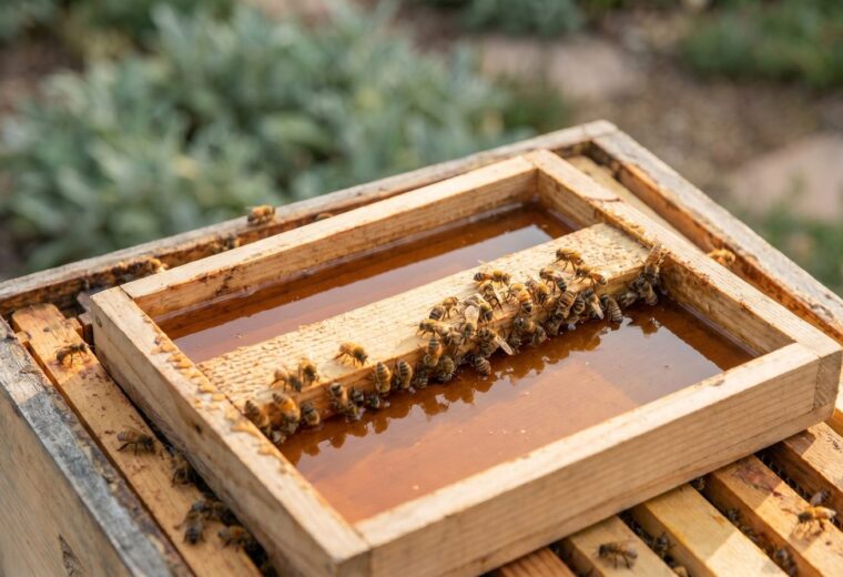 Honeybees drinking amber sugar syrup from a hive-top feeder inside an open beehive, seen from above in warm light.