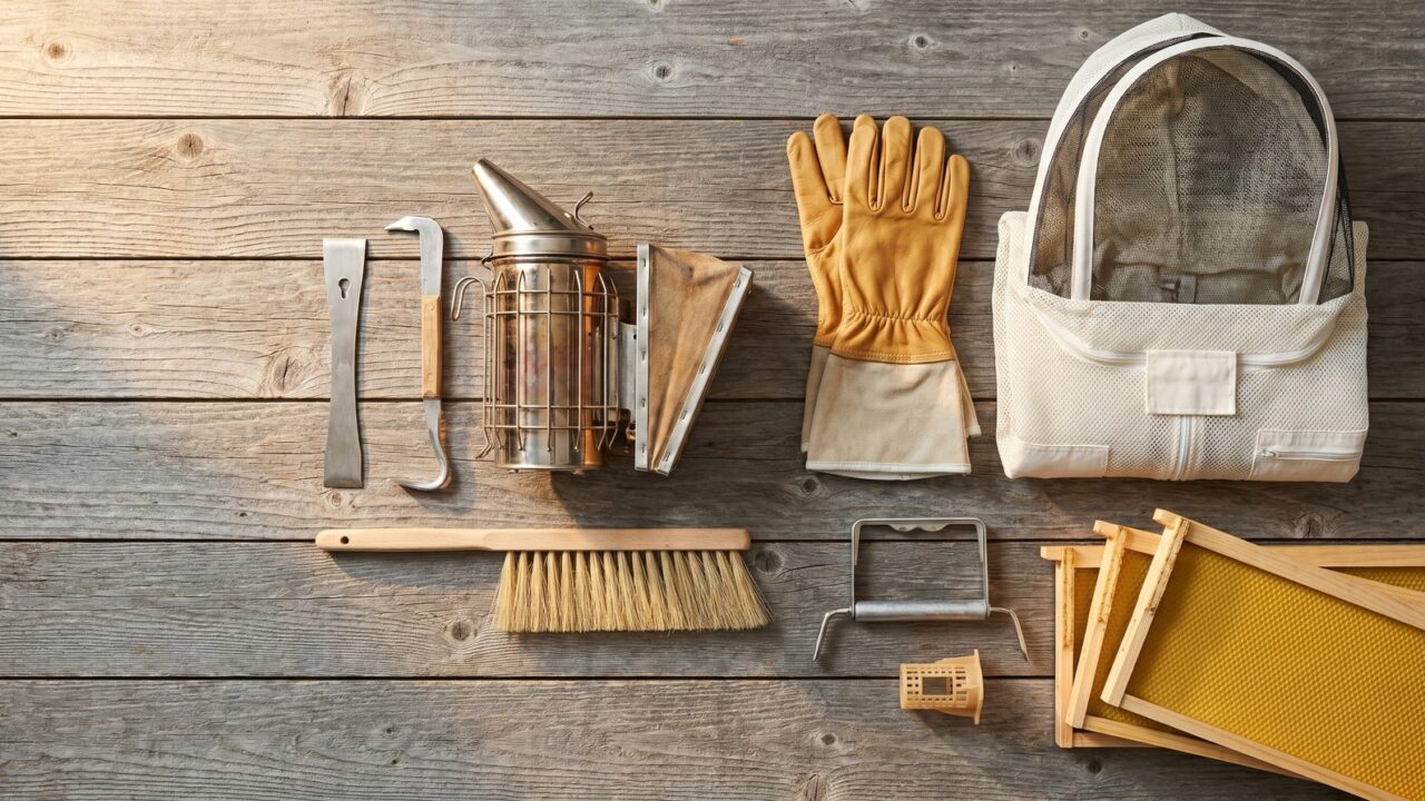 An overhead flat-lay of beekeeping gear on weathered wood: a smoker, hive tools, a brush, gloves, a ventilated jacket and wooden frames.