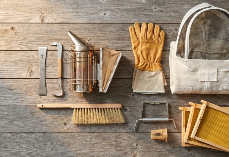 An overhead flat-lay of beekeeping gear on weathered wood: a smoker, hive tools, a brush, gloves, a ventilated jacket and wooden frames.