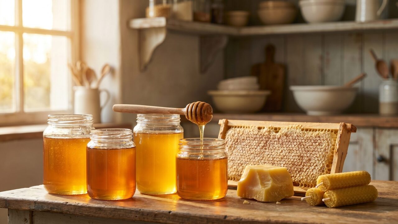 Glass jars of golden honey with a dipper, a frame of capped honeycomb and beeswax candles on a wooden counter in warm window light.