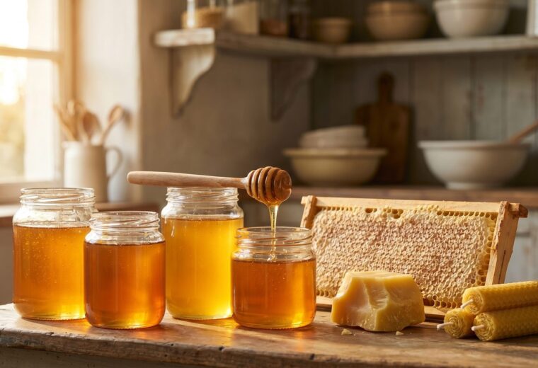 Glass jars of golden honey with a dipper, a frame of capped honeycomb and beeswax candles on a wooden counter in warm window light.
