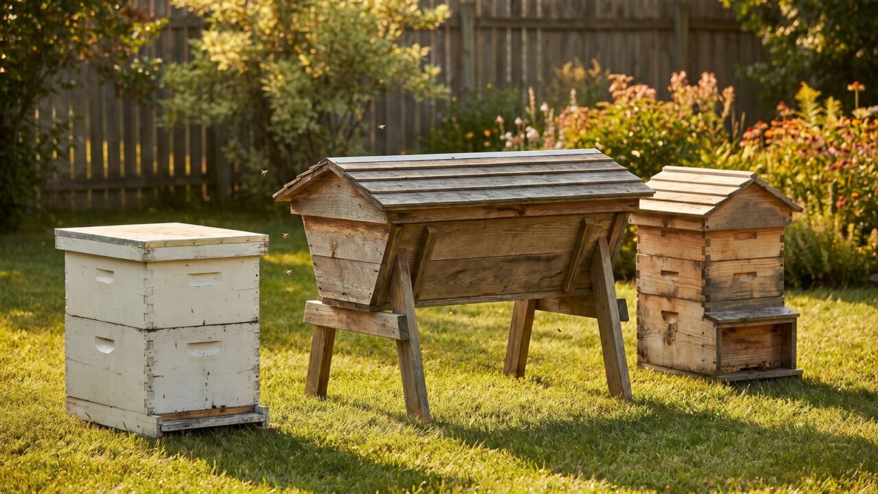 A Langstroth, a horizontal top-bar, and a Warre beehive lined up side by side on a backyard lawn in warm afternoon light.