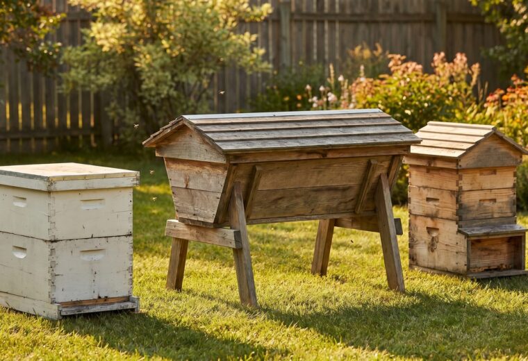 A Langstroth, a horizontal top-bar, and a Warre beehive lined up side by side on a backyard lawn in warm afternoon light.