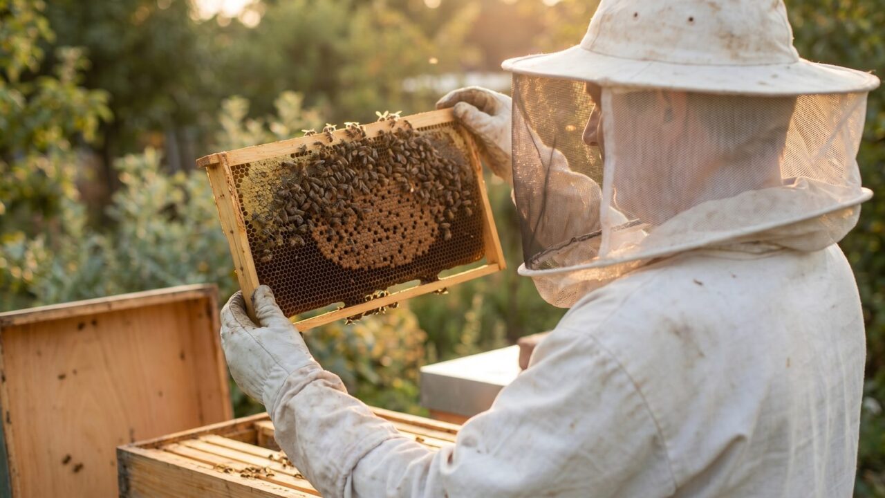 A veiled beekeeper holding a frame of bees up to the light to read the comb during a hive inspection in golden backlight.