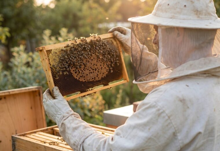 A veiled beekeeper holding a frame of bees up to the light to read the comb during a hive inspection in golden backlight.