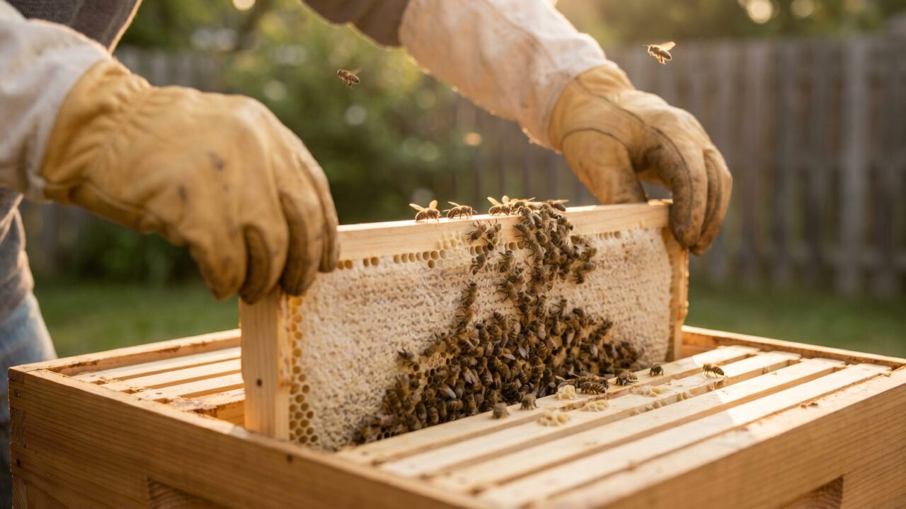 Gloved hands gently lowering a frame of bees into an open Langstroth hive during a first install, in soft golden light.