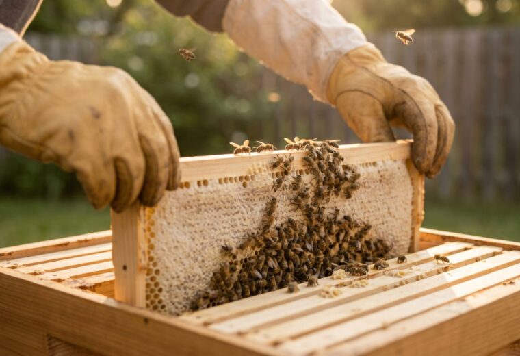 Gloved hands gently lowering a frame of bees into an open Langstroth hive during a first install, in soft golden light.