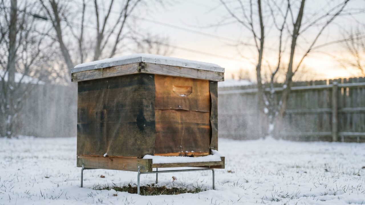A Langstroth beehive wrapped in dark insulation with an upper entrance standing in a snow-dusted backyard under soft winter daylight.