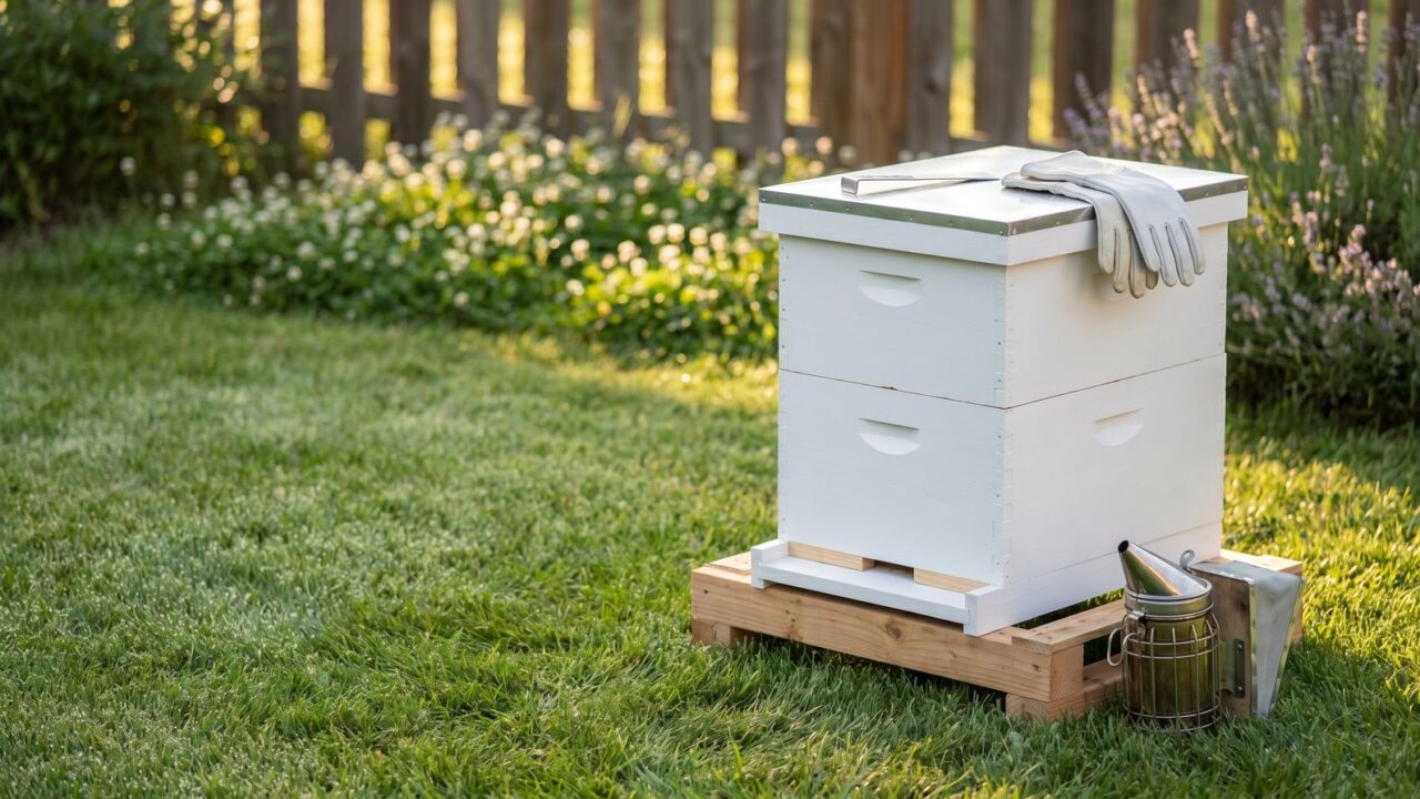 A new white Langstroth beehive set up on a stand in a tidy backyard at sunrise, with a hive tool and clean gloves resting on the lid.