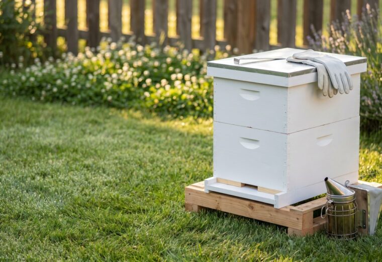 A new white Langstroth beehive set up on a stand in a tidy backyard at sunrise, with a hive tool and clean gloves resting on the lid.