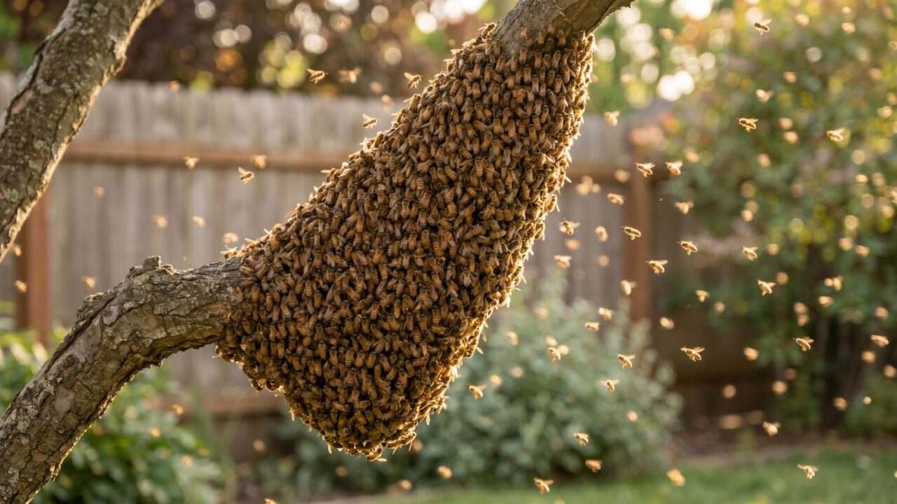 A teardrop-shaped honeybee swarm clustered on a low backyard tree branch with bees in flight around it, in golden afternoon light.