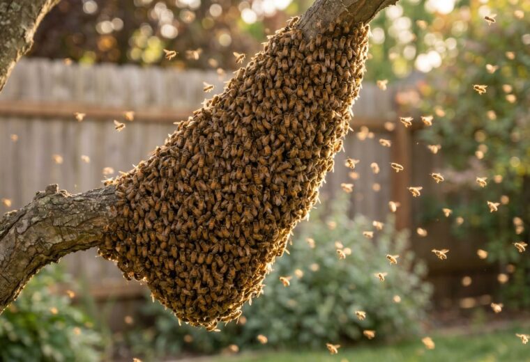 A teardrop-shaped honeybee swarm clustered on a low backyard tree branch with bees in flight around it, in golden afternoon light.