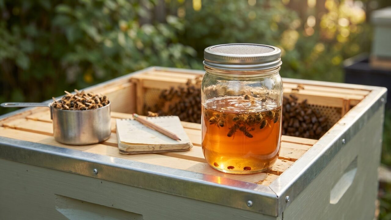 An alcohol-wash varroa mite test jar on top of a hive beside a notebook, with mites settling at the bottom of the glass.