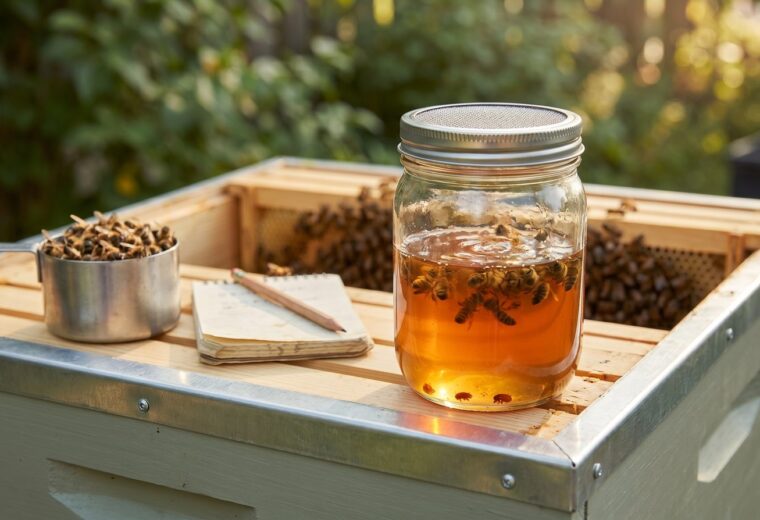 An alcohol-wash varroa mite test jar on top of a hive beside a notebook, with mites settling at the bottom of the glass.