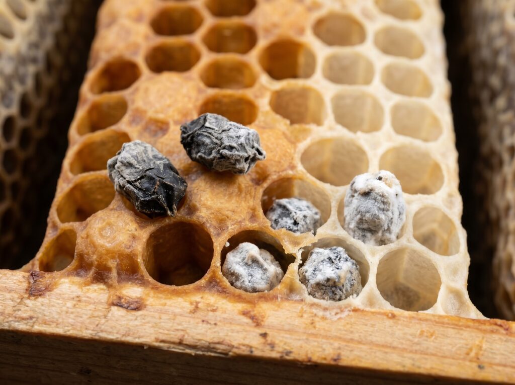 Chalkbrood mummies in uncapped cells, white to grey-black, among scattered open brood cells