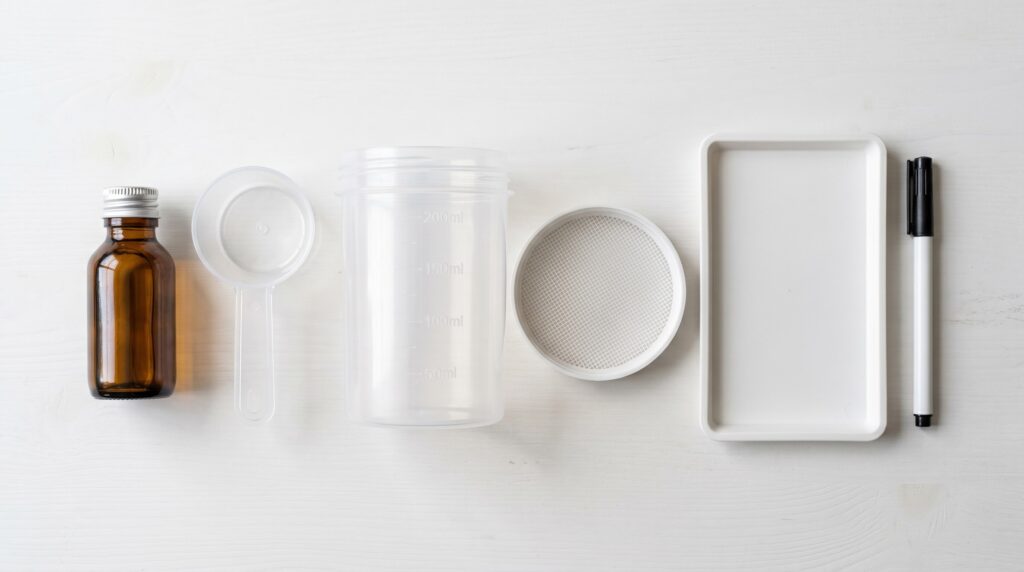 commercial varroa mite test kit components laid out including sampling jar mesh insert and alcohol