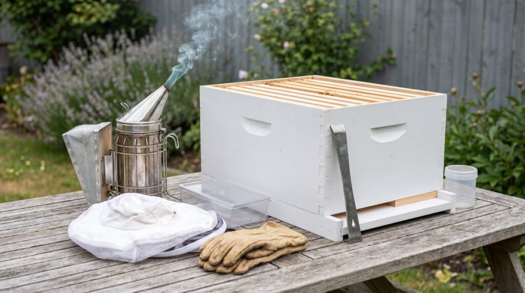 Complete beekeeping starter kit with smoker, hive tool, veil, and gloves staged ready for installation