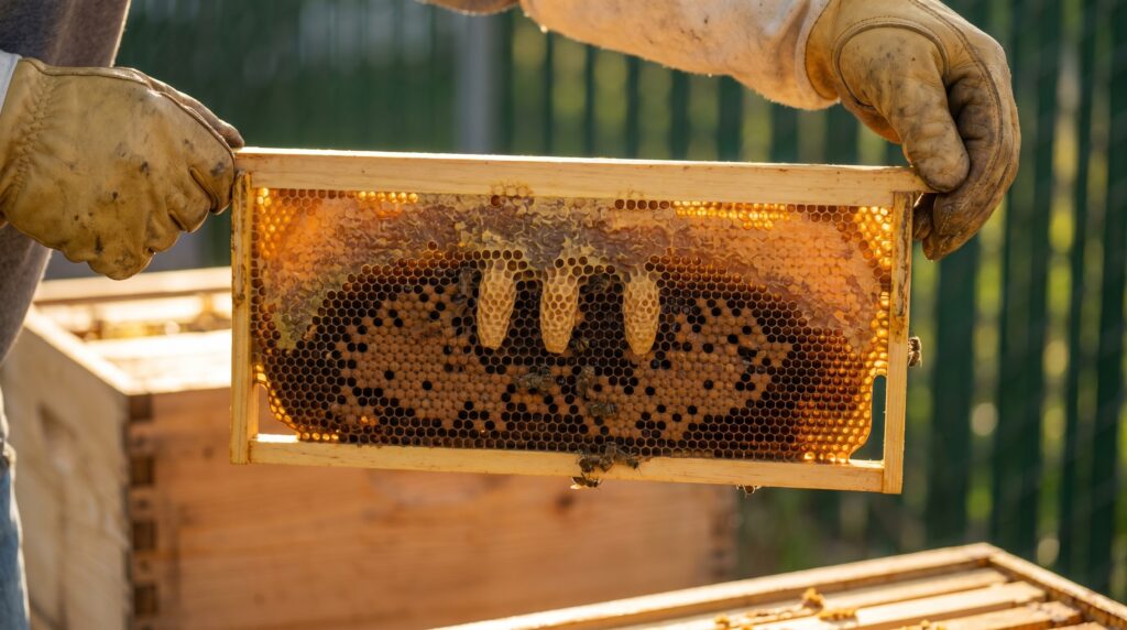 Emergency queen cells visible on the face of a brood frame in a queenless honey bee colony
