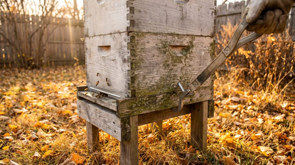 a fall Langstroth beehive being weighed with a hand scale to check winter honey stores before cold weather