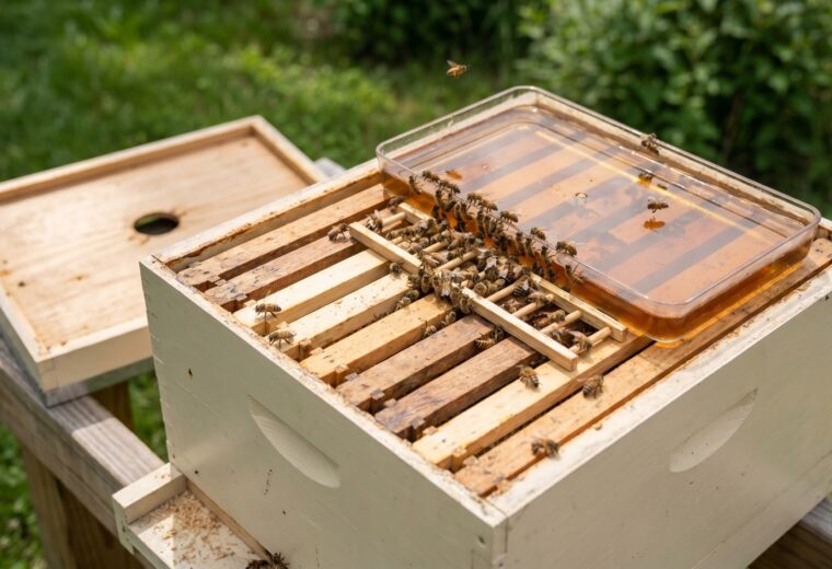 backyard honey bees drinking amber sugar syrup from a hive-top feeder on an open Langstroth hive