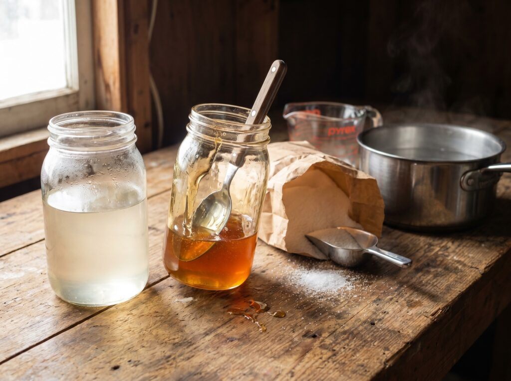 light 1:1 and heavy 2:1 sugar syrup in two jars showing the spring and fall feeding difference