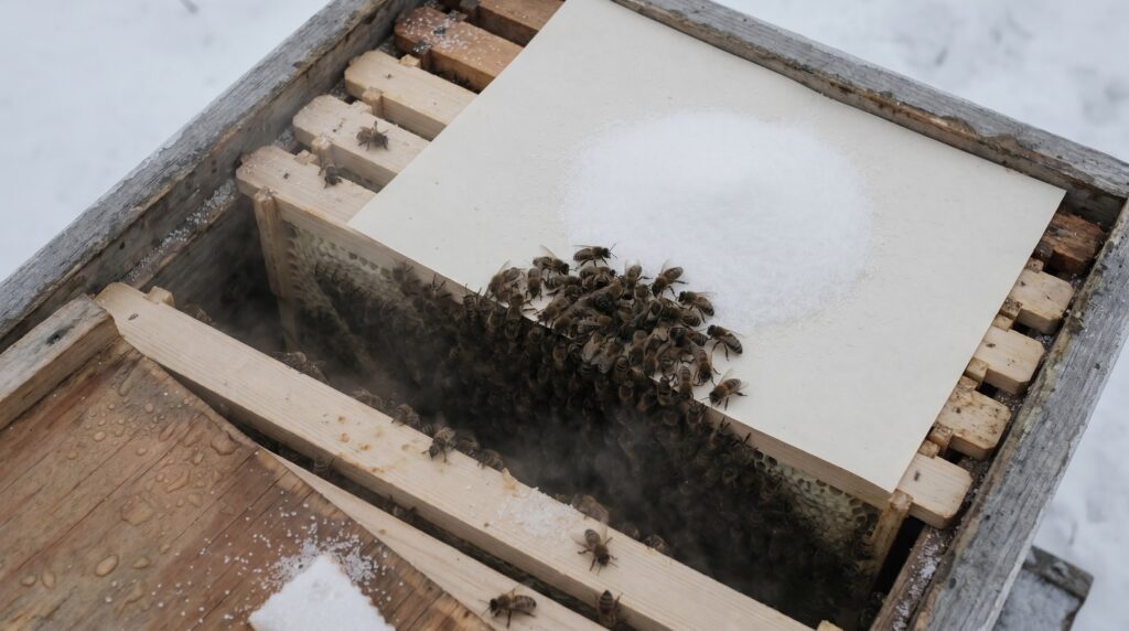 dry white sugar poured on paper over the top bars as cold-weather emergency winter feed for clustered bees