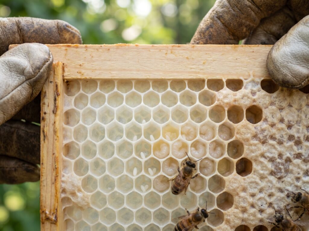 New comb frame showing upright eggs and young larvae confirming a laying queen